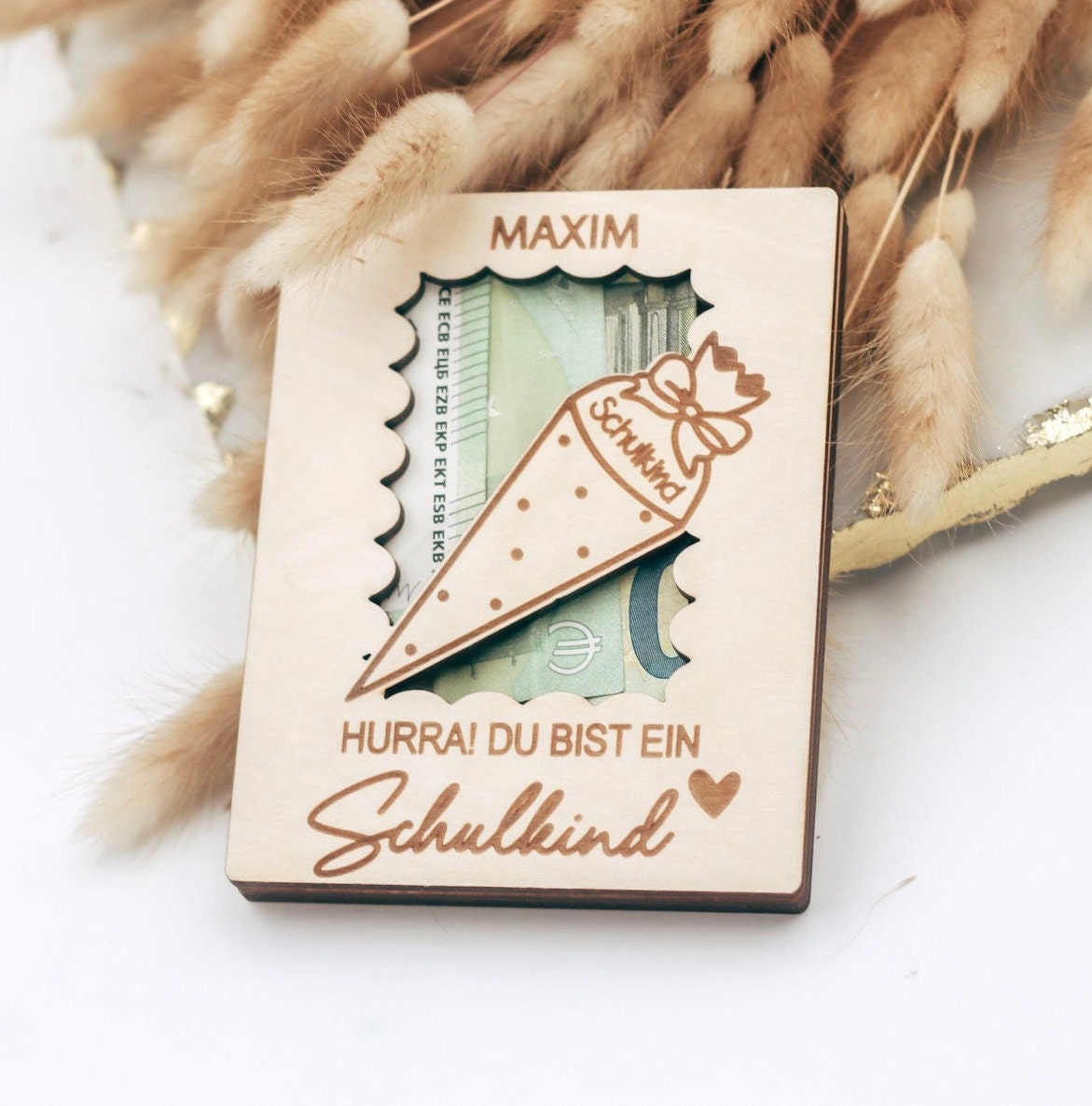 Einschulung Geldgeschenk - Schulkind Geschenk - Holzkarte personalisiert - Schulokind 2024 - Personalisiert