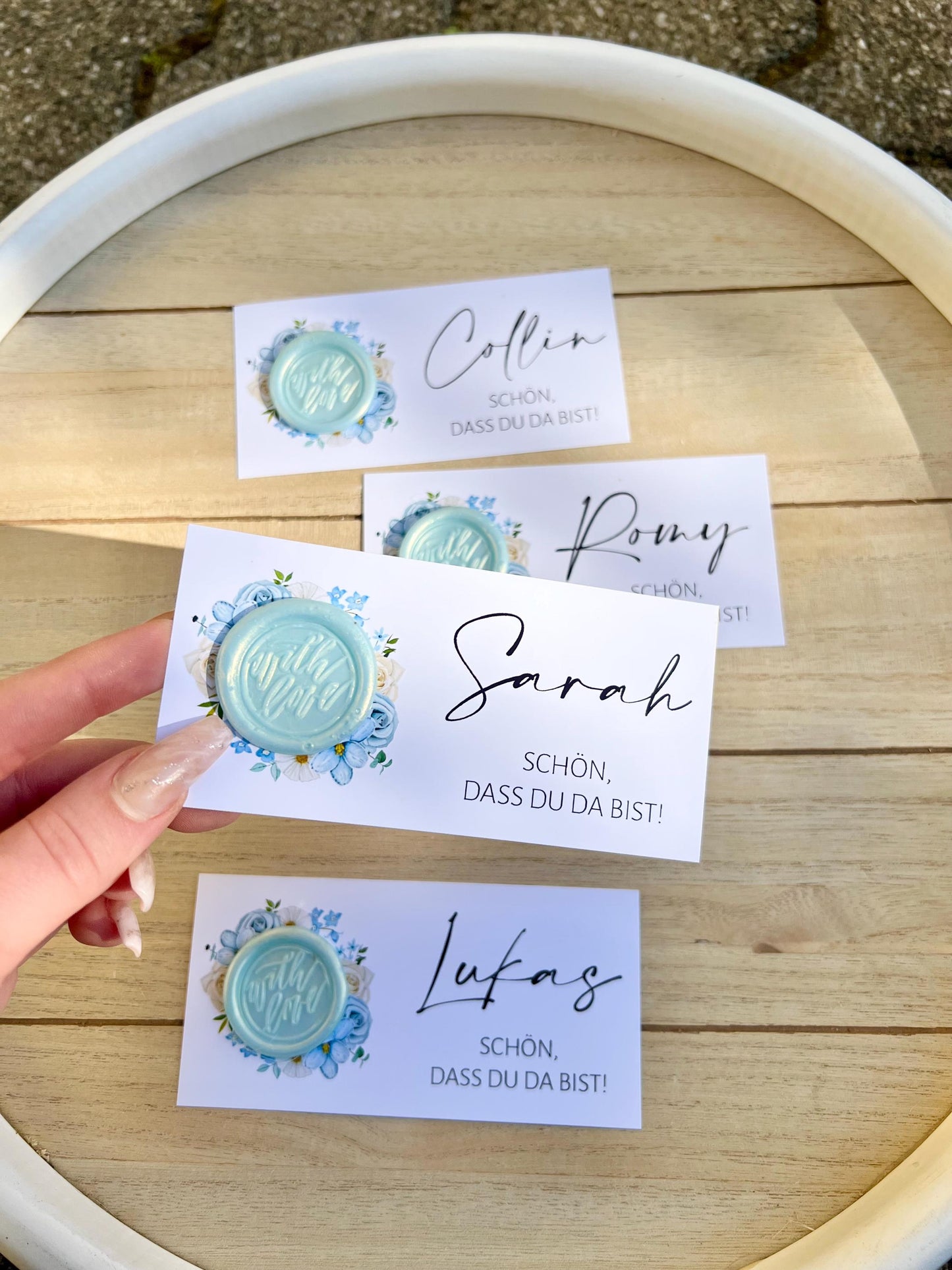 Platzkarte Hochzeit, Namenskarte, blau, verschiedene Siegel Muster, Personalisiert mit Namen, Wachssiegel, Schön, dass du da bist, Taufe,