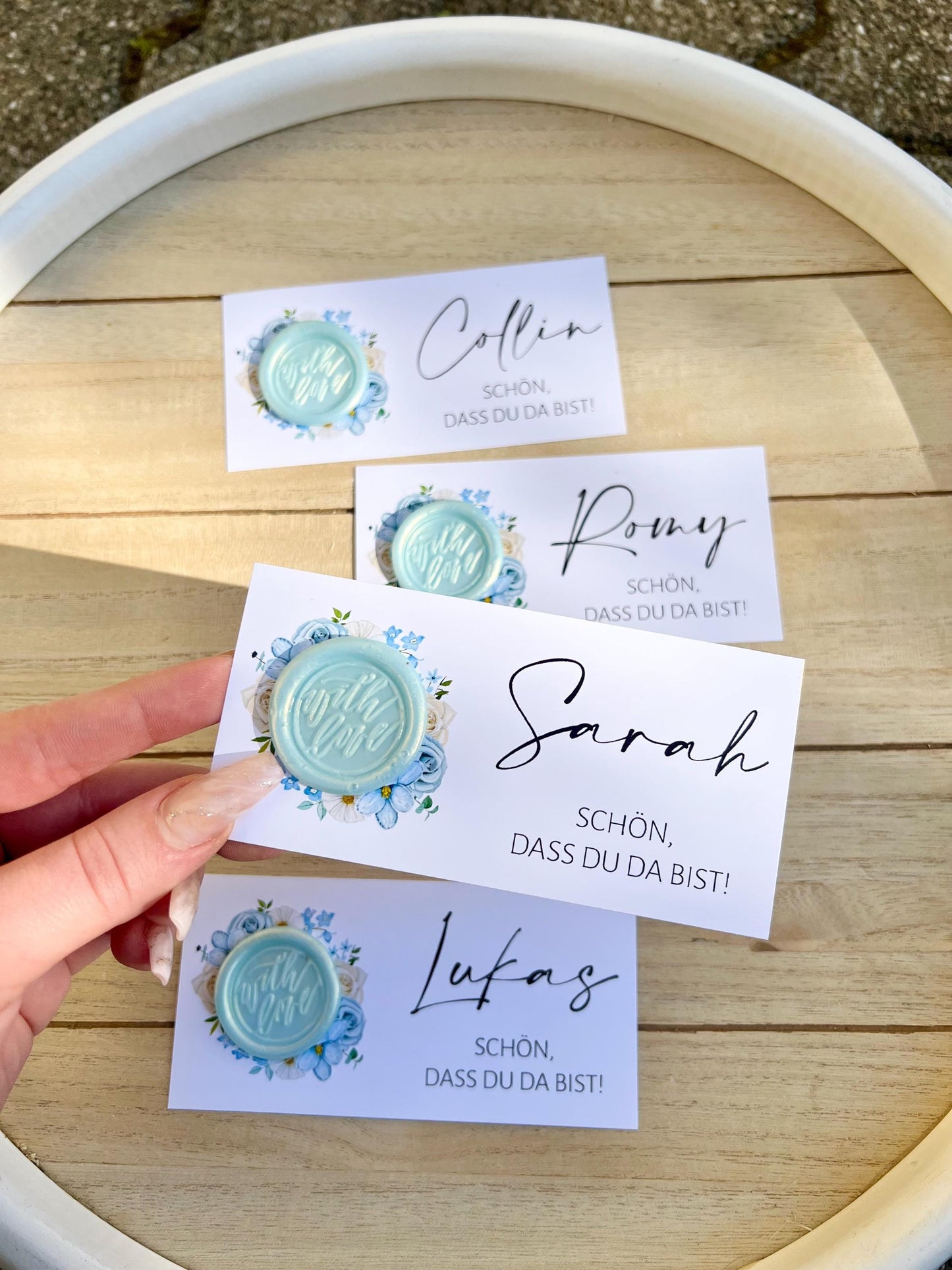 Platzkarte Hochzeit, Namenskarte, blau, verschiedene Siegel Muster, Personalisiert mit Namen, Wachssiegel, Schön, dass du da bist, Taufe,