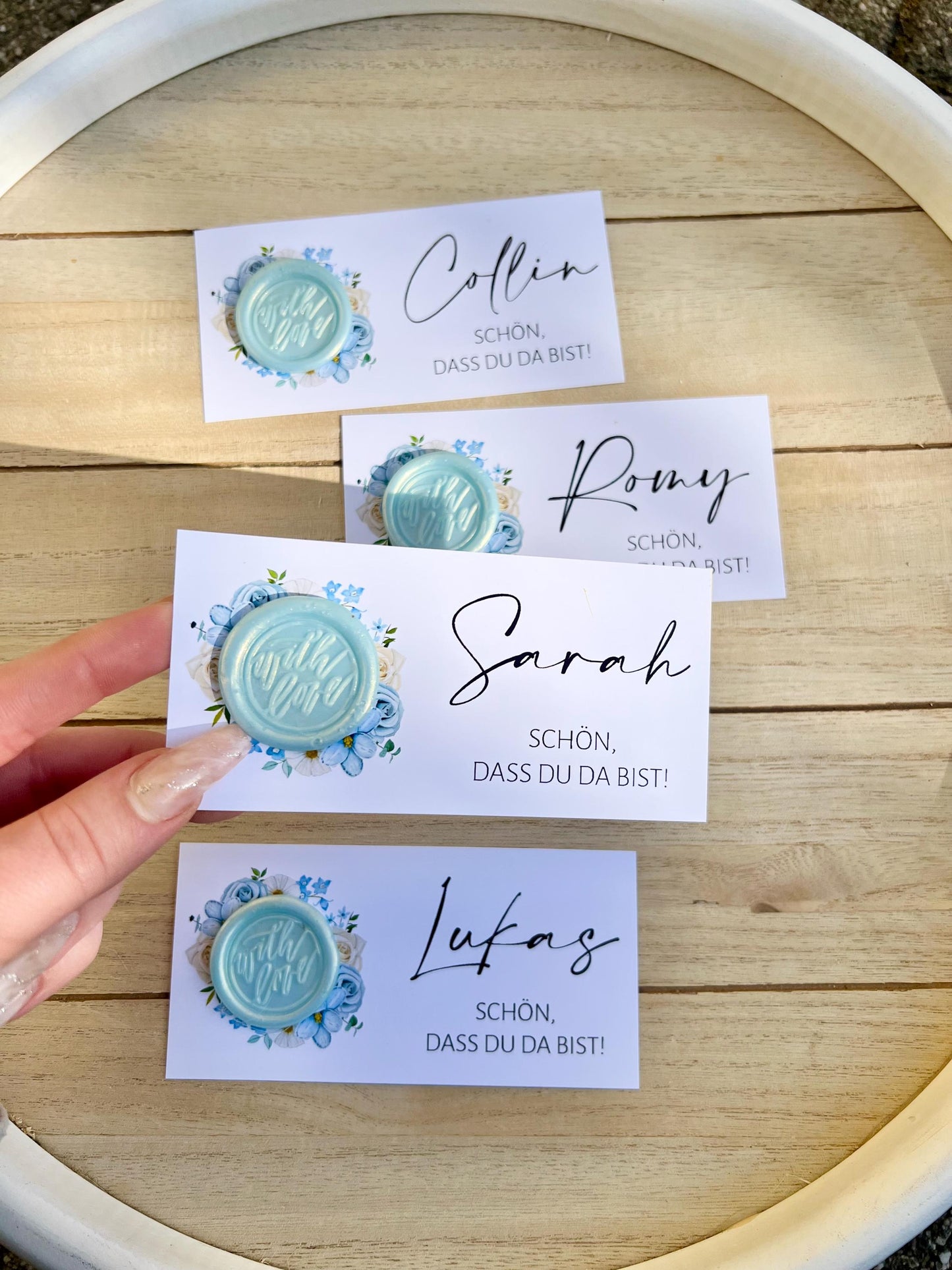 Platzkarte Hochzeit, Namenskarte, blau, verschiedene Siegel Muster, Personalisiert mit Namen, Wachssiegel, Schön, dass du da bist, Taufe,