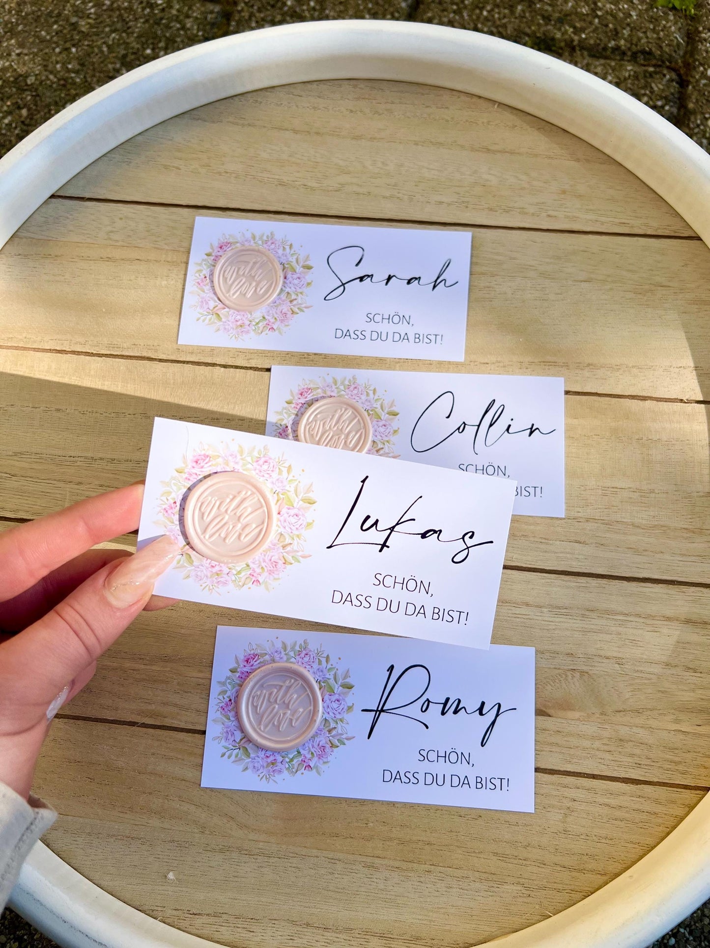 Platzkarte Hochzeit, Namenskarte, rosa, verschiedene Siegel Muster, Personalisiert mit Namen, Wachssiegel, Schön, dass du da bist, Taufe