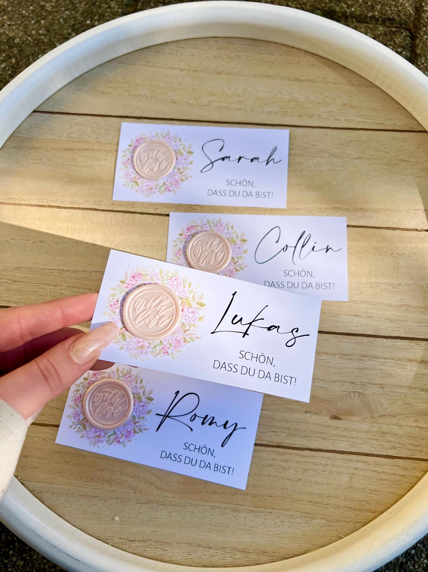 Platzkarte Hochzeit, Namenskarte, rosa, verschiedene Siegel Muster, Personalisiert mit Namen, Wachssiegel, Schön, dass du da bist, Taufe