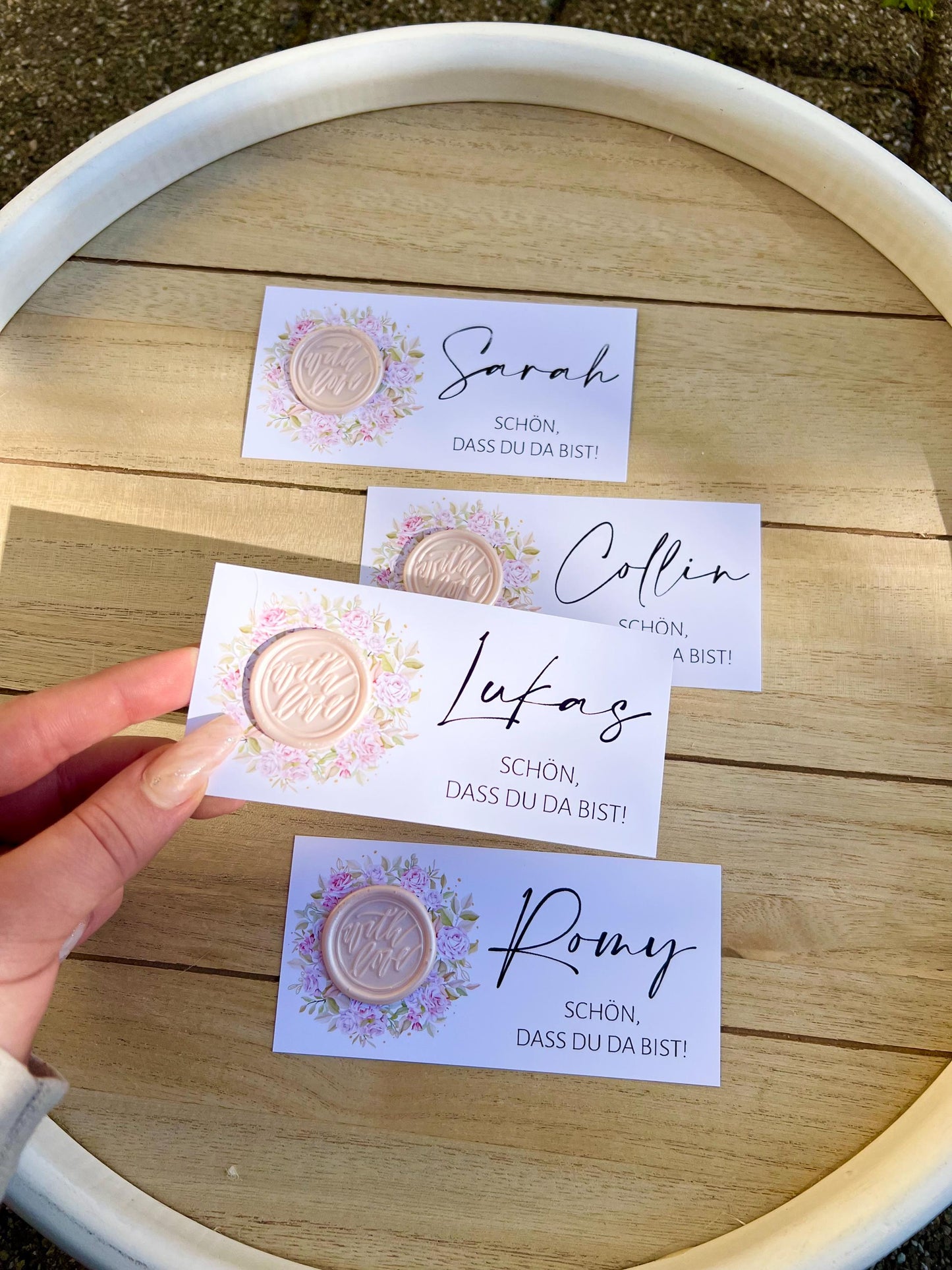 Platzkarte Hochzeit, Namenskarte, rosa, verschiedene Siegel Muster, Personalisiert mit Namen, Wachssiegel, Schön, dass du da bist, Taufe