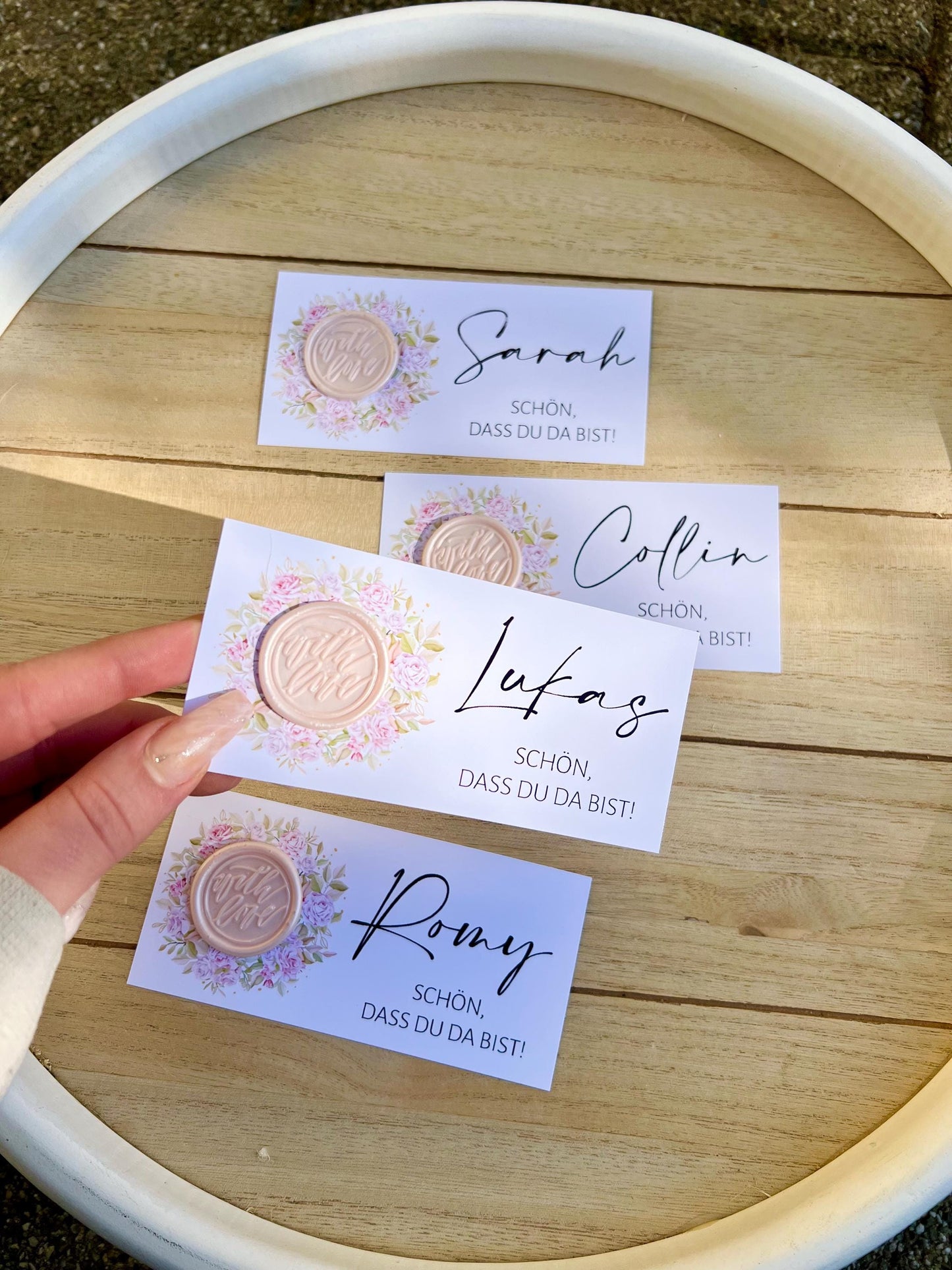 Platzkarte Hochzeit, Namenskarte, rosa, verschiedene Siegel Muster, Personalisiert mit Namen, Wachssiegel, Schön, dass du da bist, Taufe