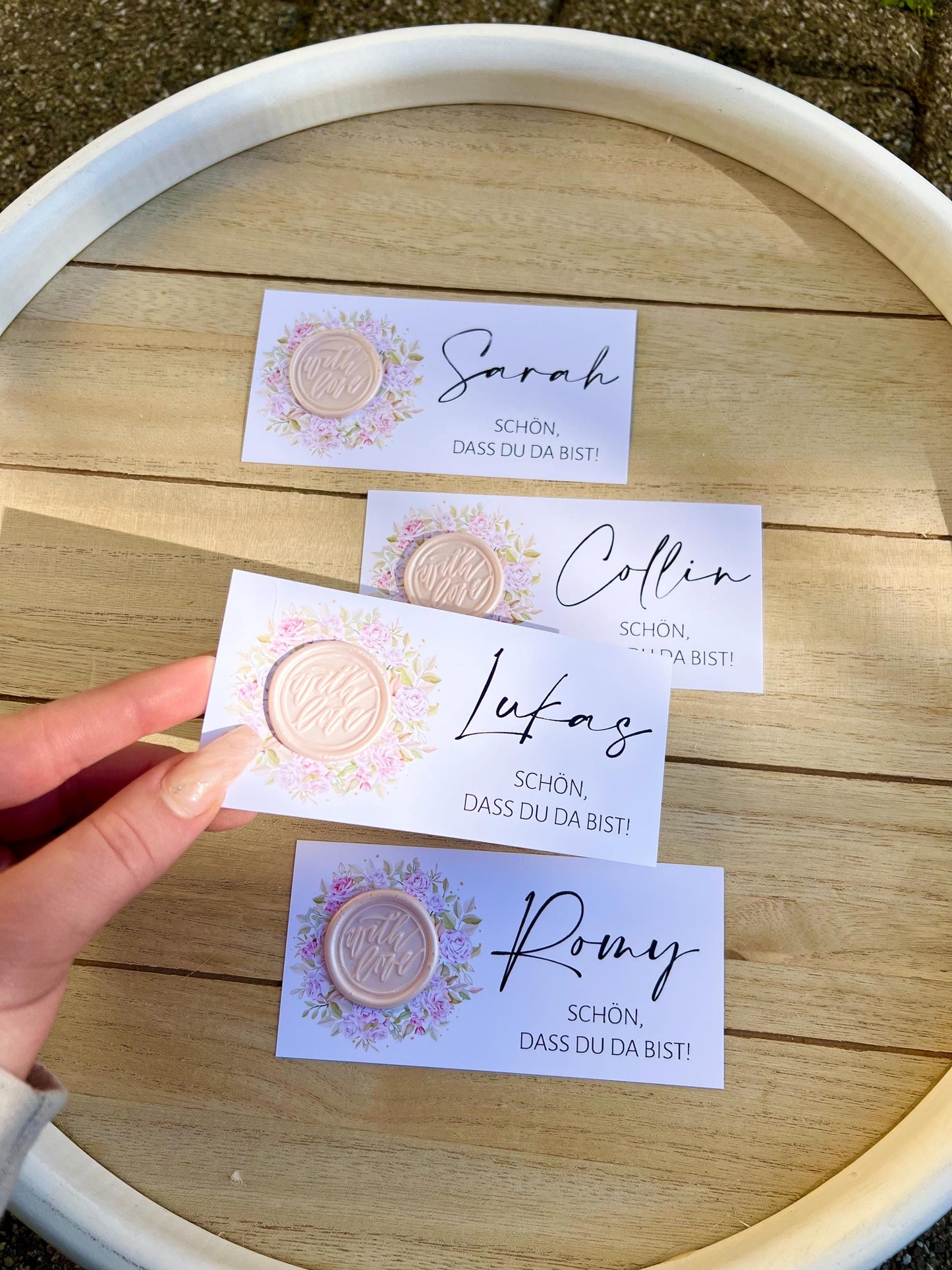 Platzkarte Hochzeit, Namenskarte, rosa, verschiedene Siegel Muster, Personalisiert mit Namen, Wachssiegel, Schön, dass du da bist, Taufe