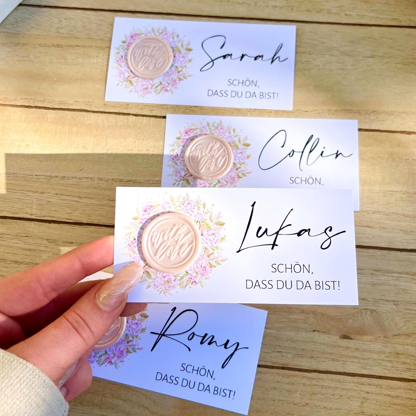 Platzkarte Hochzeit, Namenskarte, rosa, verschiedene Siegel Muster, Personalisiert mit Namen, Wachssiegel, Schön, dass du da bist, Taufe