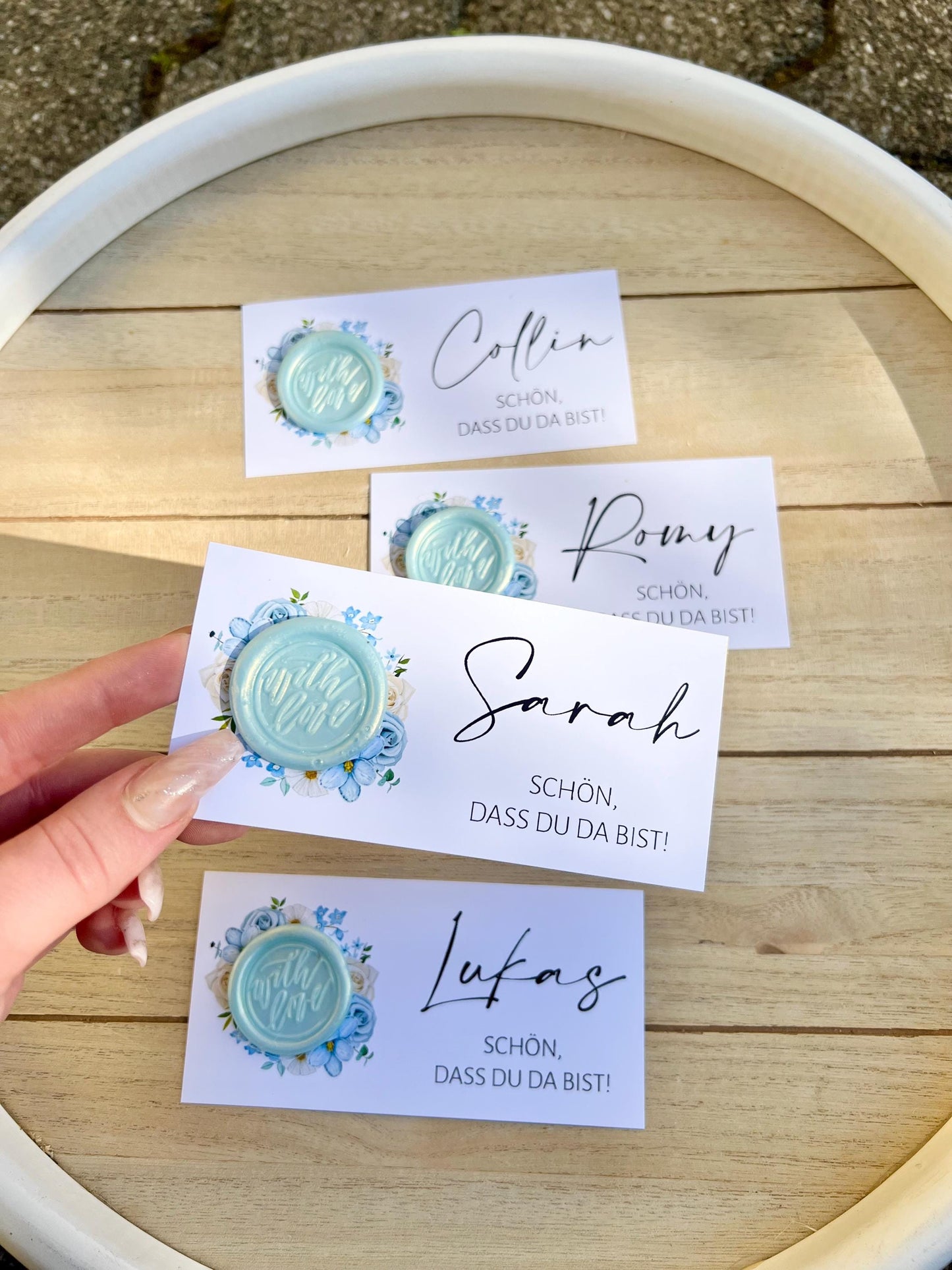 Platzkarte Hochzeit, Namenskarte, blau, verschiedene Siegel Muster, Personalisiert mit Namen, Wachssiegel, Schön, dass du da bist, Taufe,