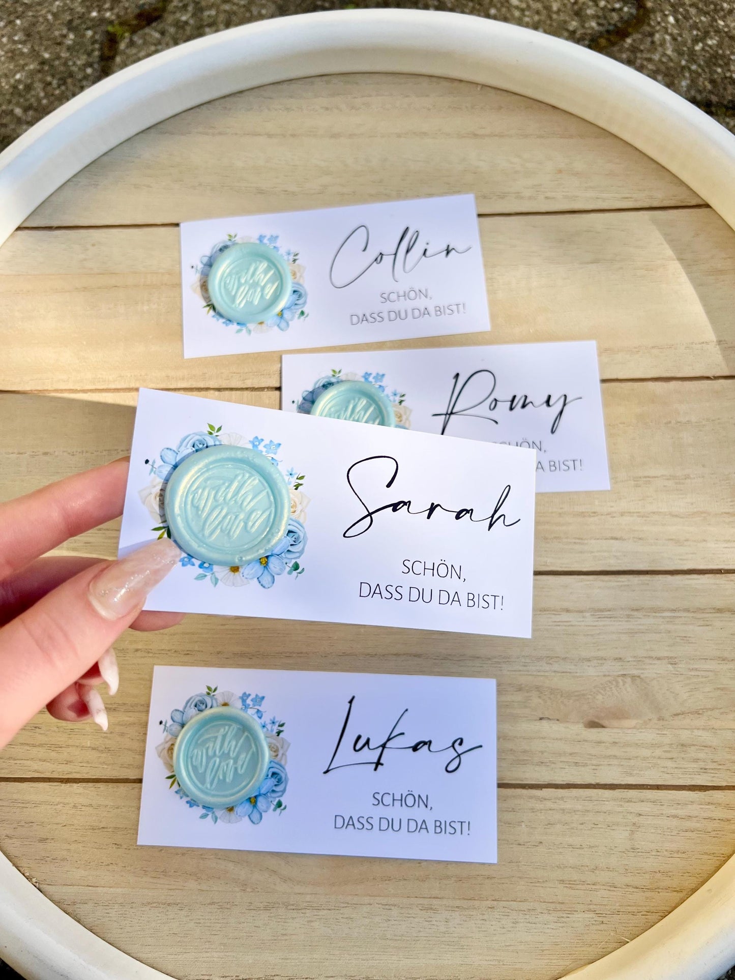 Platzkarte Hochzeit, Namenskarte, blau, verschiedene Siegel Muster, Personalisiert mit Namen, Wachssiegel, Schön, dass du da bist, Taufe,
