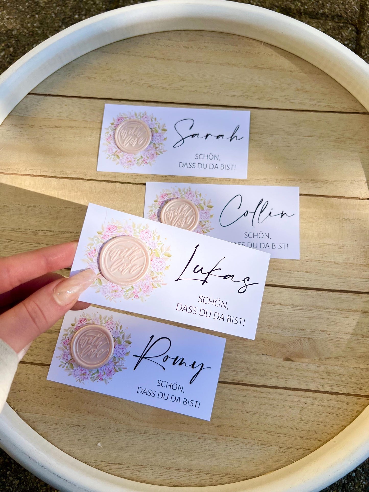 Platzkarte Hochzeit, Namenskarte, rosa, verschiedene Siegel Muster, Personalisiert mit Namen, Wachssiegel, Schön, dass du da bist, Taufe
