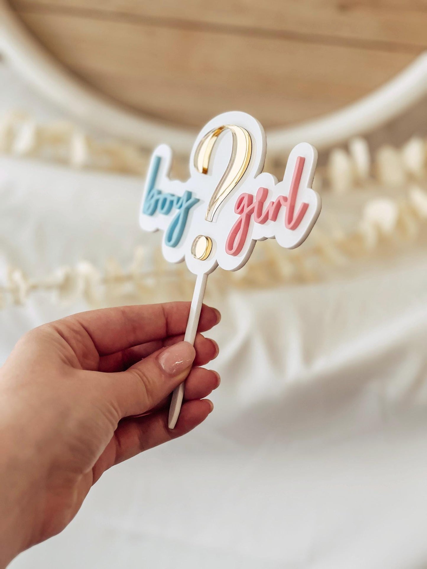 3D Gender Reveal Caketopper | Boy oder Girl? | Acryl Tortenstecker in Weiß, Blau, Gold & Rosa | Babyshower Deko | Fragezeichen Topper
