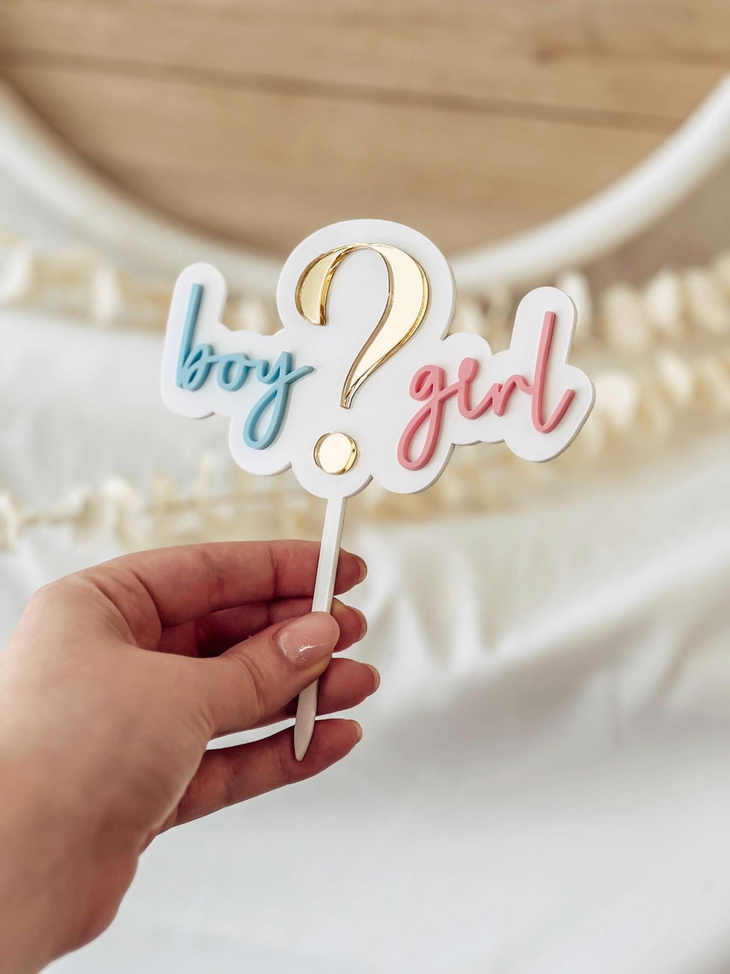 3D Gender Reveal Caketopper | Boy oder Girl? | Acryl Tortenstecker in Weiß, Blau, Gold & Rosa | Babyshower Deko | Fragezeichen Topper