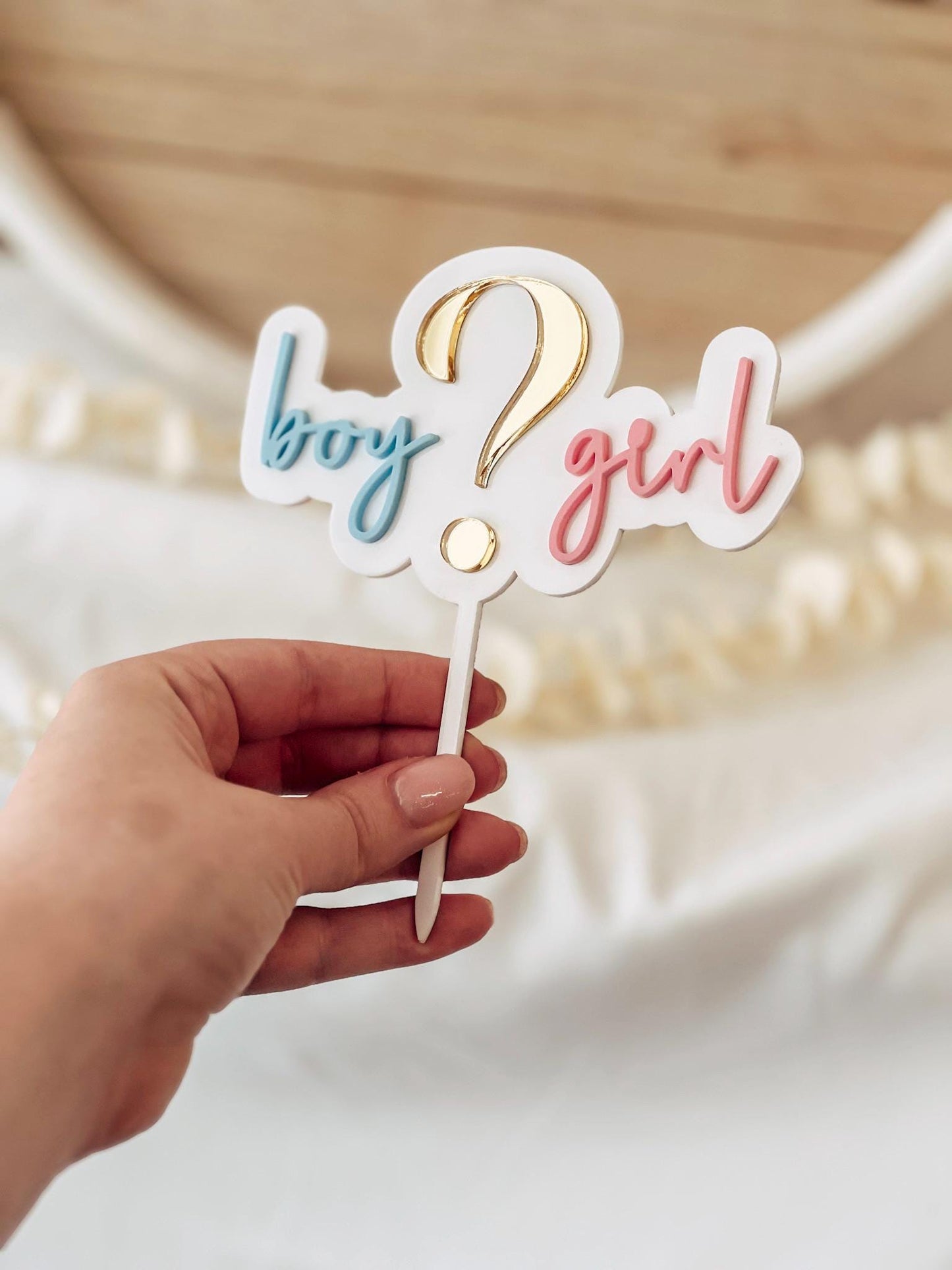 3D Gender Reveal Caketopper | Boy oder Girl? | Acryl Tortenstecker in Weiß, Blau, Gold & Rosa | Babyshower Deko | Fragezeichen Topper