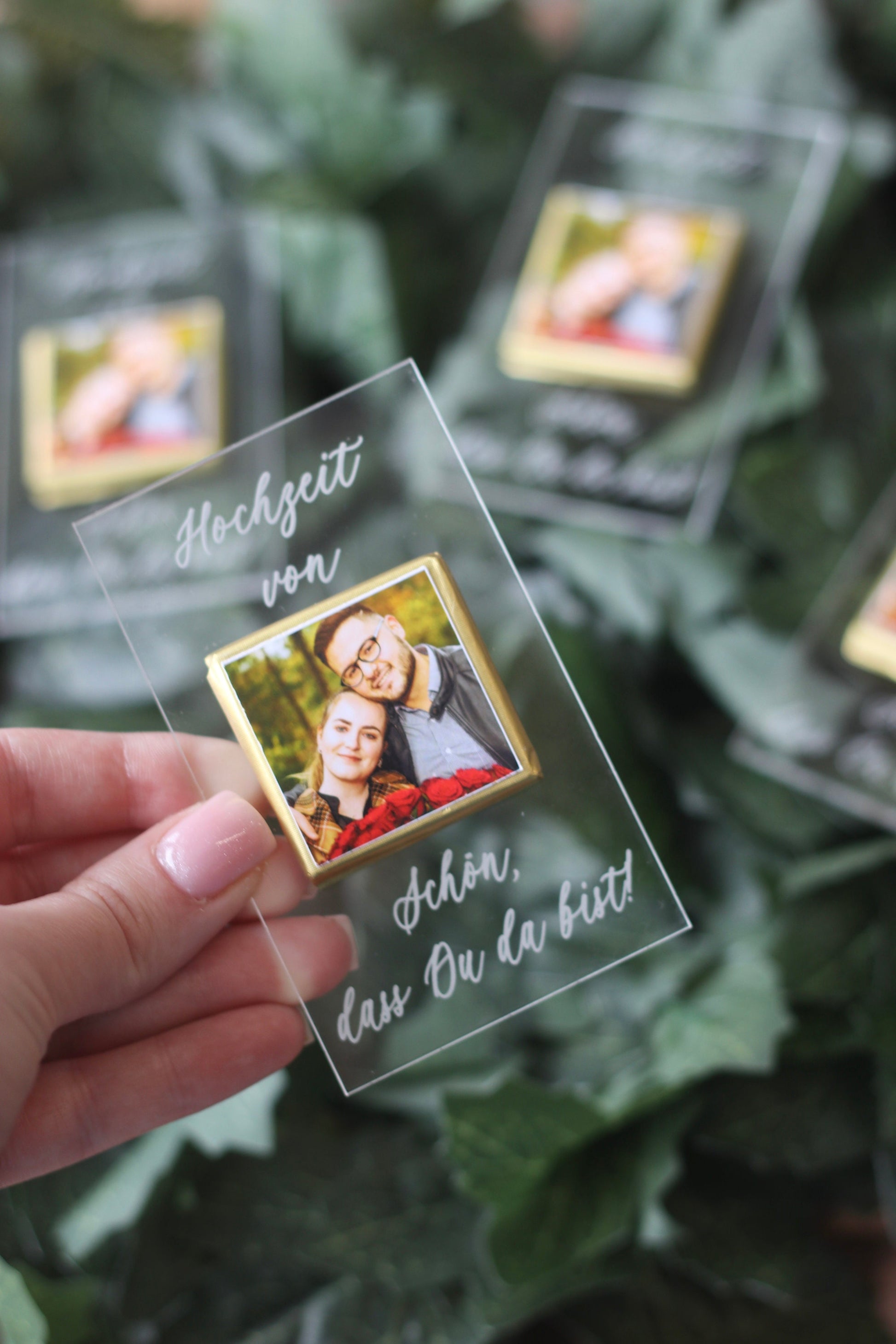 Foto Gastgeschenk Hochzeit mit Wunschtext - Acryl Karte mit Gravur und Foto Schokolade - Verlobung, Söz, Nikah, Taufe