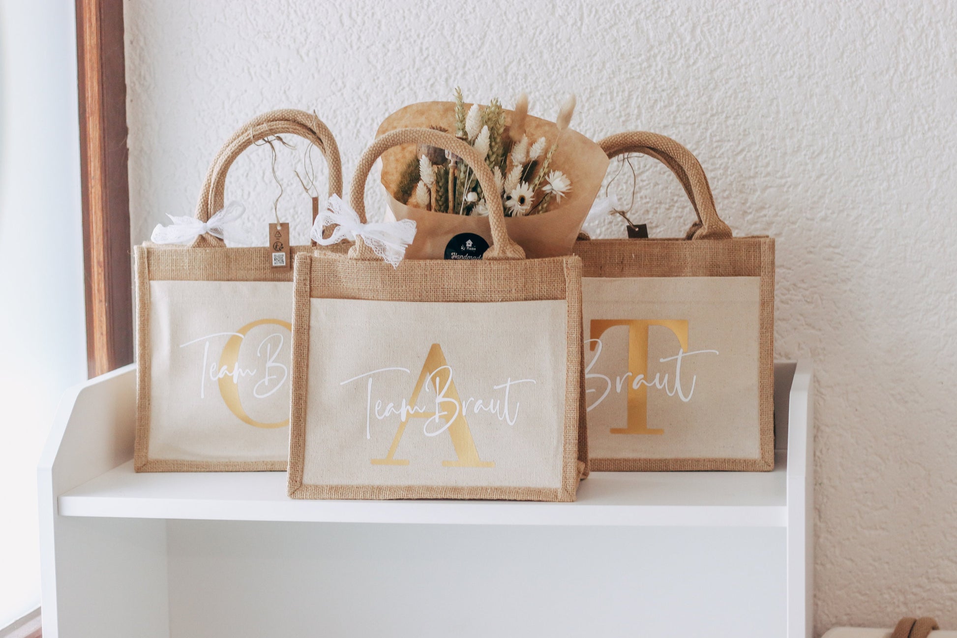 Team Braut JGA Jutetaschen mit Initial & Team Braut/Braut - Hochzeit - Bride to be - Junggesellinnenabschied