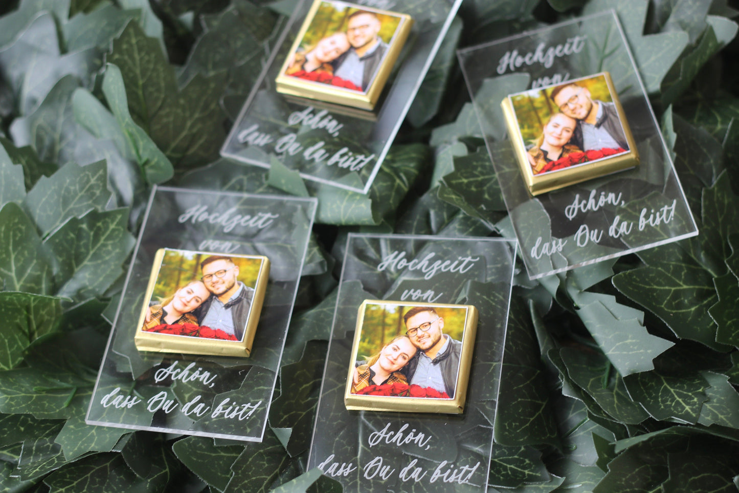 Foto Gastgeschenk Hochzeit mit Wunschtext - Acryl Karte mit Gravur und Foto Schokolade - Verlobung, Söz, Nikah, Taufe