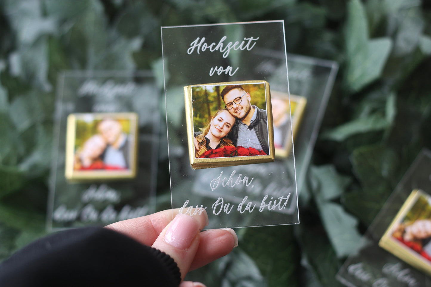 Foto Gastgeschenk Hochzeit mit Wunschtext - Acryl Karte mit Gravur und Foto Schokolade - Verlobung, Söz, Nikah, Taufe