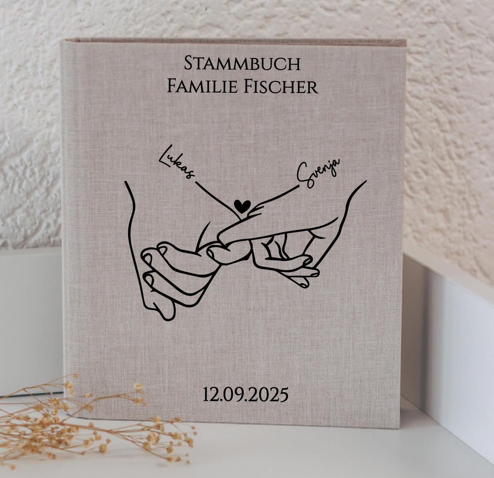 Stammbuch A5 Hochzeit personalisiert - Haltende Hände bis ans Lebensende - mit Namen und Datum - Leinen Cover