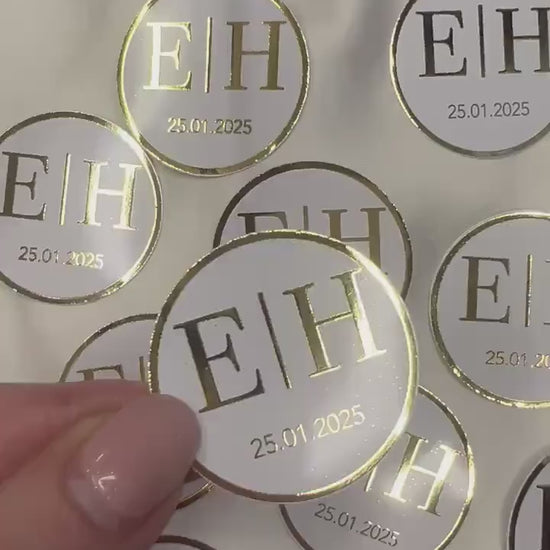 Personalisierte Etiketten für Gastgeschenke mit metallic Veredelung in gold, Hochzeit, Taufe,Sözümüz Söz, Verlobung, Initial & Datum