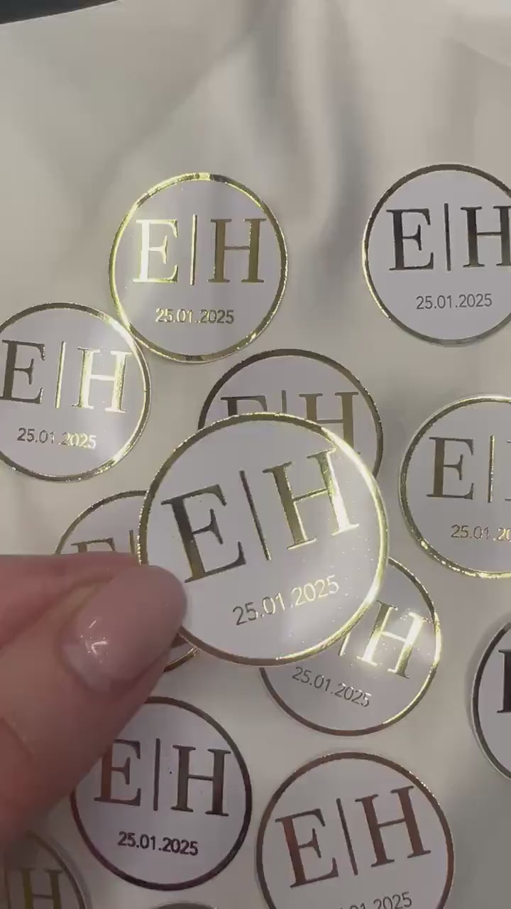 Personalisierte Etiketten für Gastgeschenke mit metallic Veredelung in gold, Hochzeit, Taufe,Sözümüz Söz, Verlobung, Initial & Datum