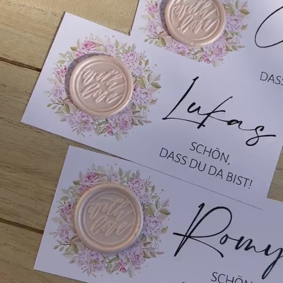 Platzkarte Hochzeit, Namenskarte, rosa, verschiedene Siegel Muster, Personalisiert mit Namen, Wachssiegel, Schön, dass du da bist, Taufe