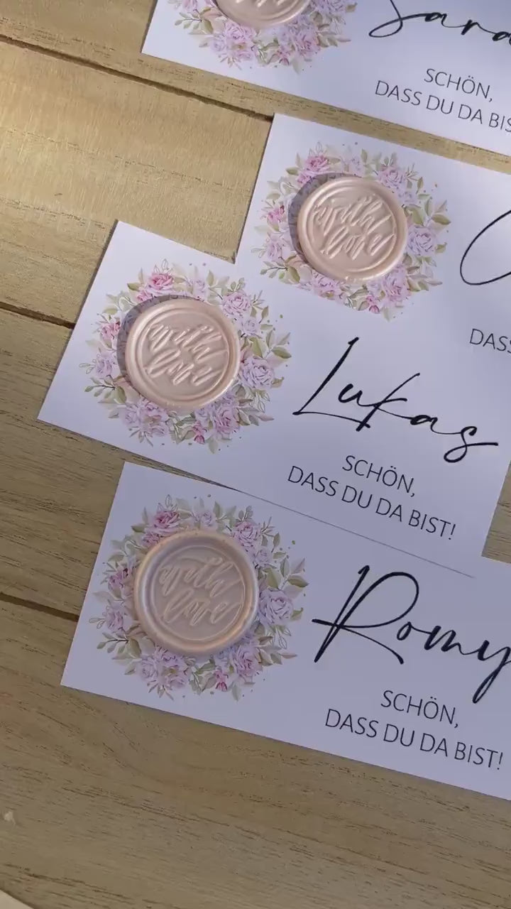Platzkarte Hochzeit, Namenskarte, rosa, verschiedene Siegel Muster, Personalisiert mit Namen, Wachssiegel, Schön, dass du da bist, Taufe