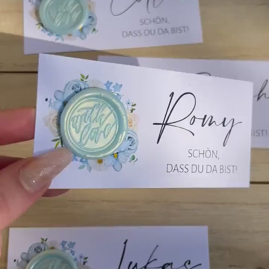 Platzkarte Hochzeit, Namenskarte, blau, verschiedene Siegel Muster, Personalisiert mit Namen, Wachssiegel, Schön, dass du da bist, Taufe,