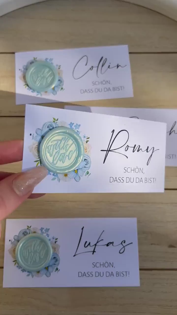 Platzkarte Hochzeit, Namenskarte, blau, verschiedene Siegel Muster, Personalisiert mit Namen, Wachssiegel, Schön, dass du da bist, Taufe,
