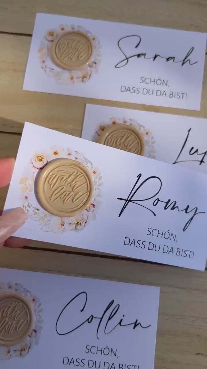 Platzkarte Hochzeit, Namenskarte, beige, verschiedene Siegel Muster, Personalisiert mit Gästenamen, Wachssiegel, Schön, dass du da bist