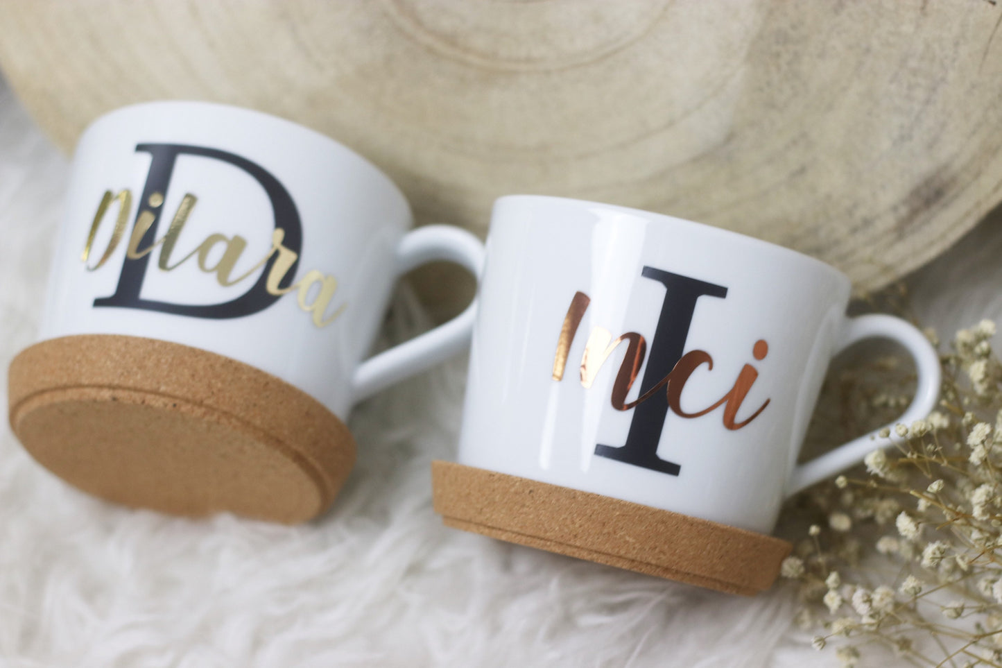 Personalisierte Tasse, Geschenkidee, Initial, Gold, Schwarz, Kaffeetasse, Untersetzer, individuell, Weihnachten, Weihnachtsgeschenk