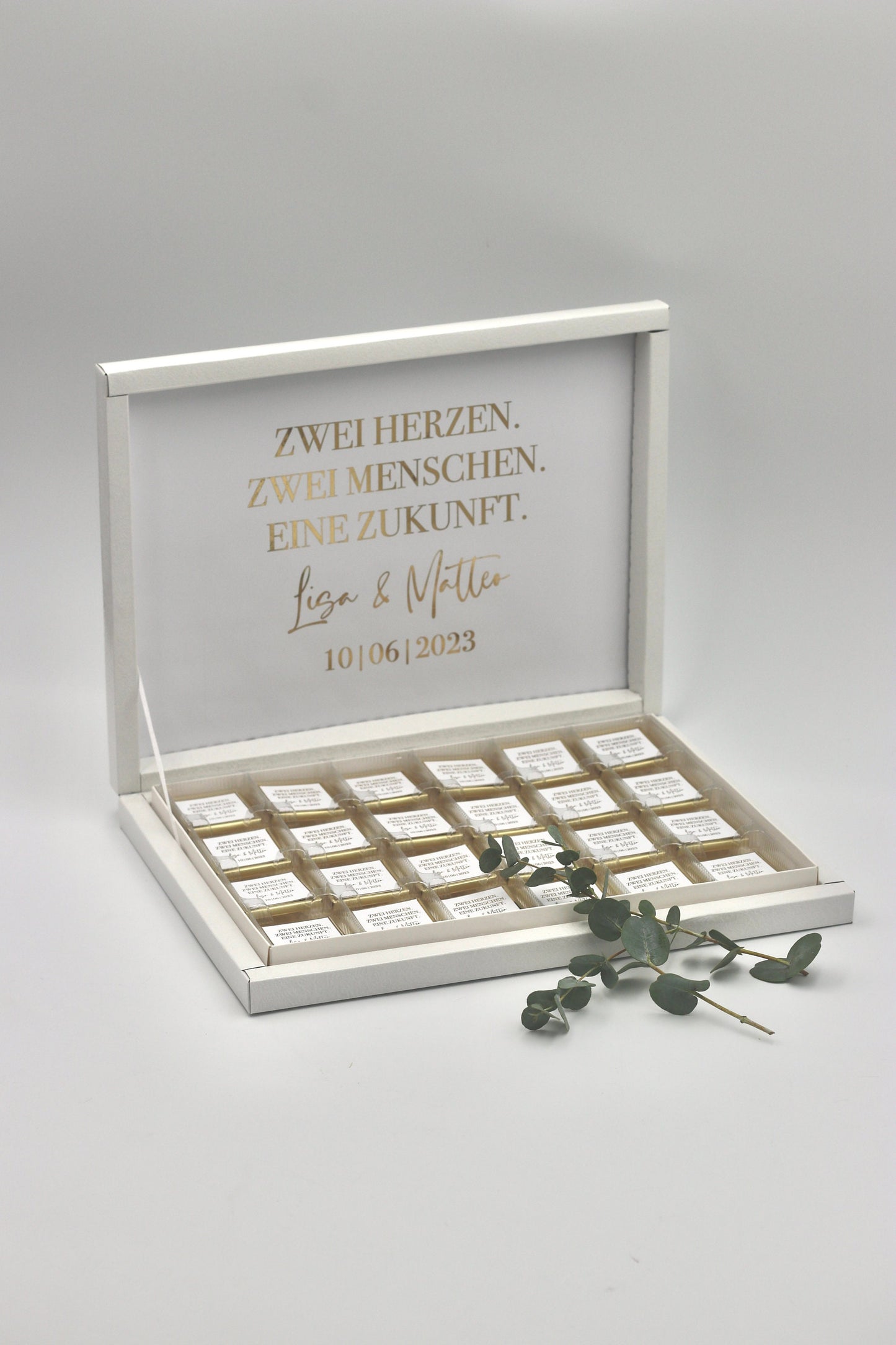 Gastgeschenk Schokobox mit Wunschtext Hochzeit Taufe Goldveredelung oder Silberveredelung