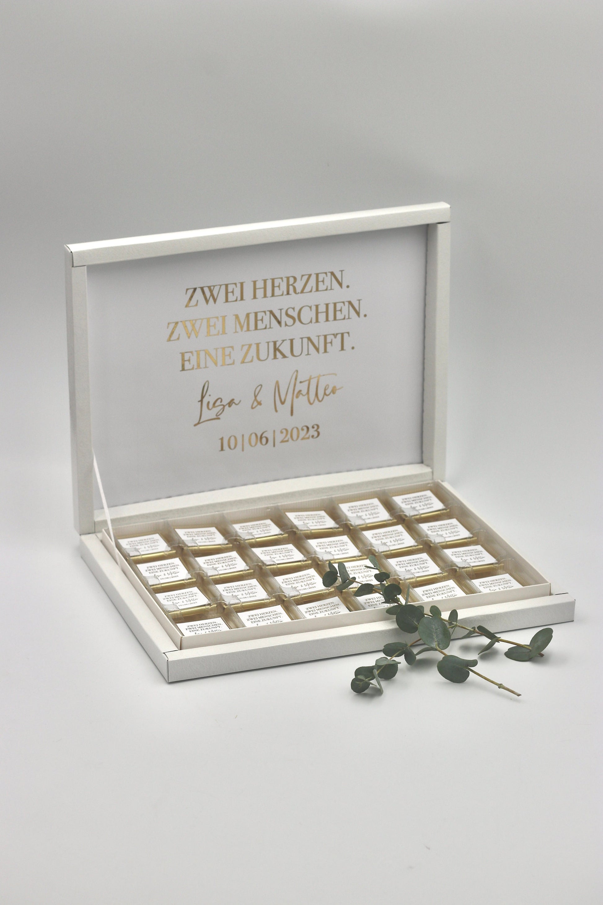 Gastgeschenk Schokobox mit Wunschtext Hochzeit Taufe Goldveredelung oder Silberveredelung