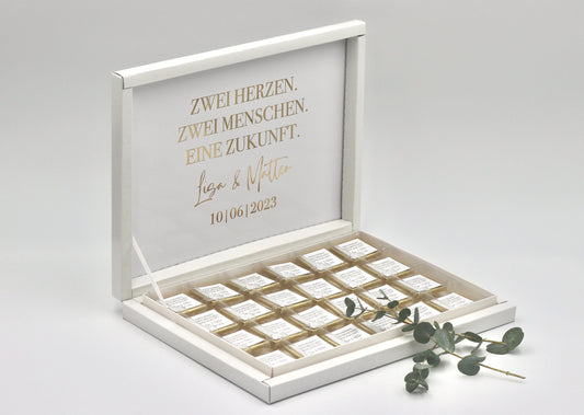 Gastgeschenk Schokobox mit Wunschtext Hochzeit Taufe Goldveredelung oder Silberveredelung