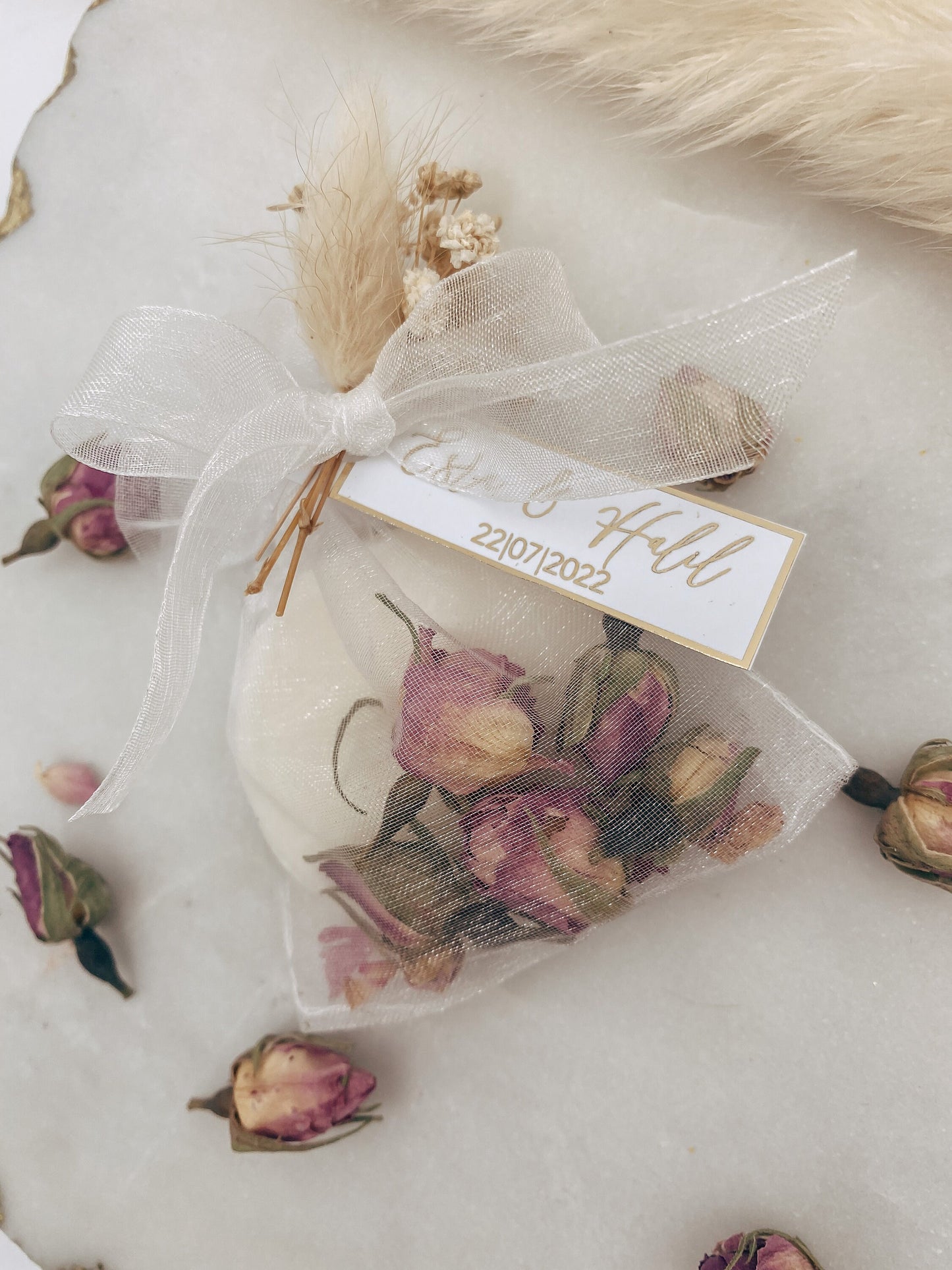 Seifenbeutel mit Rosenknospen & Metallic Veredelung - Gastgeschenke - Hochzeit Taufe Kommunion Verlobung Geburtstag Jubiläum