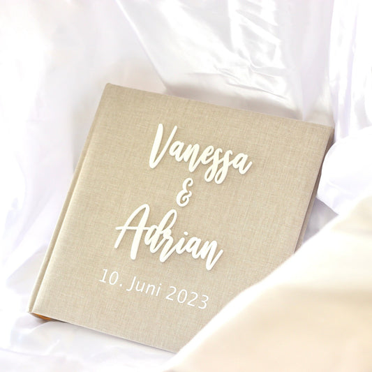 Gästebuch aus Leinen mit 3D Acrylnamen Hochzeit Fotoalbum beige weiß minimalistisch