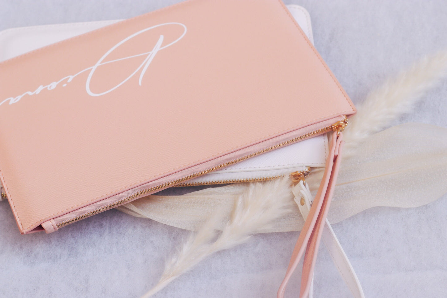 Personalisierte Clutch Trauzeugin Braut Brautjungfer - mit Namen - rosa weiß - Geschenk - Team Braut - JGA - Hochzeit